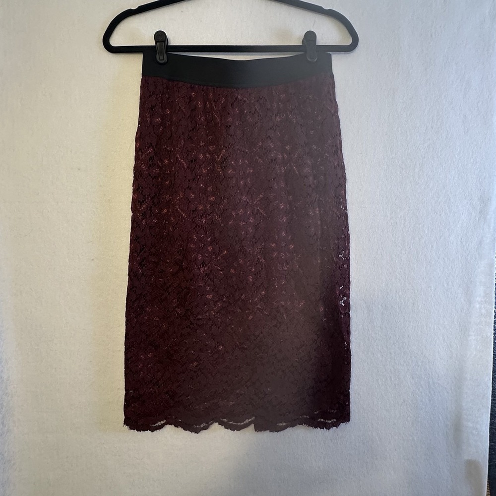 Worthington Maroon Lace Midi Skirt Women XS Elastic Waist Slit Burgundy